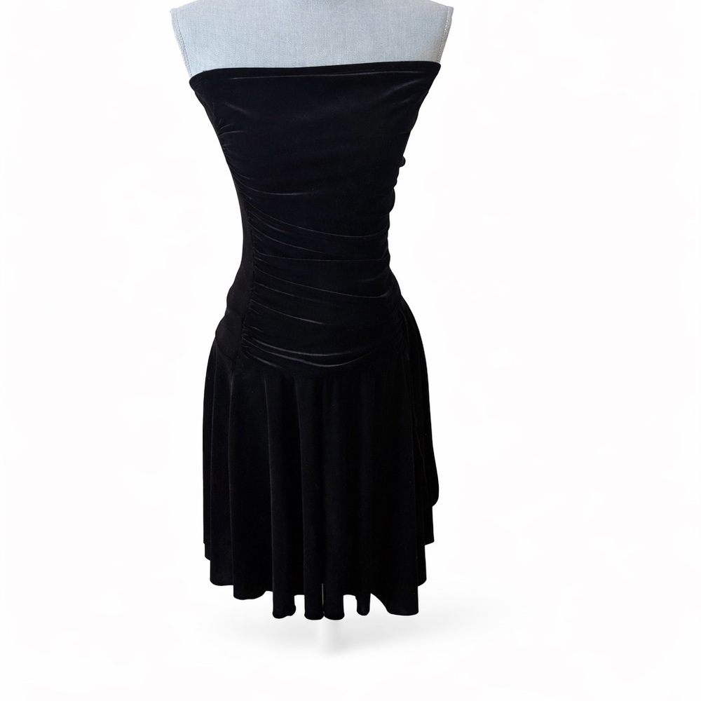 Hot Kiss Black Velvet Strapless Ruched Mini Dress Fit Flare L
